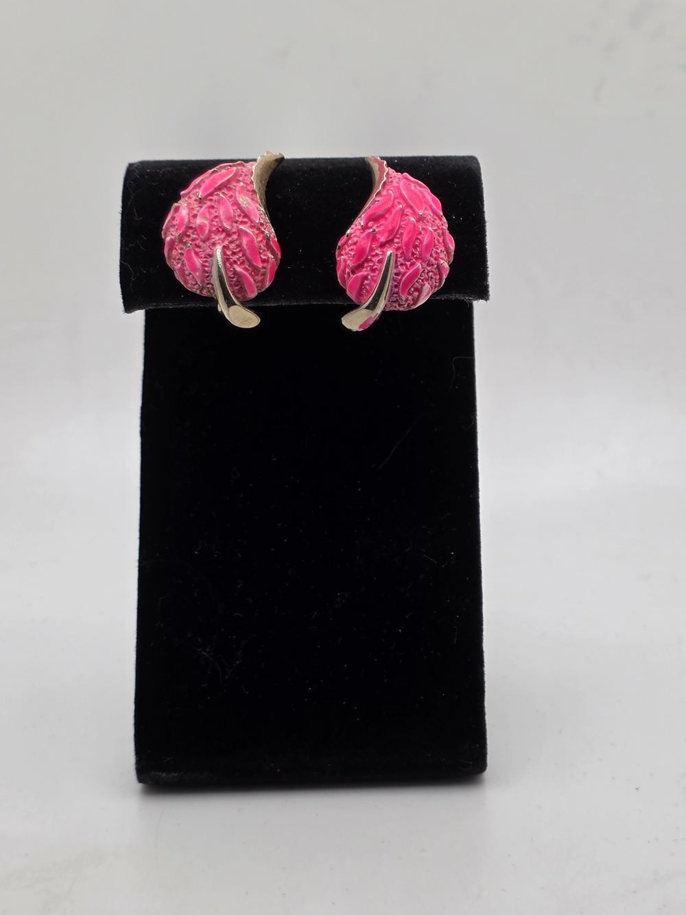 Pink Enamel Leaf Clip-On Earrings